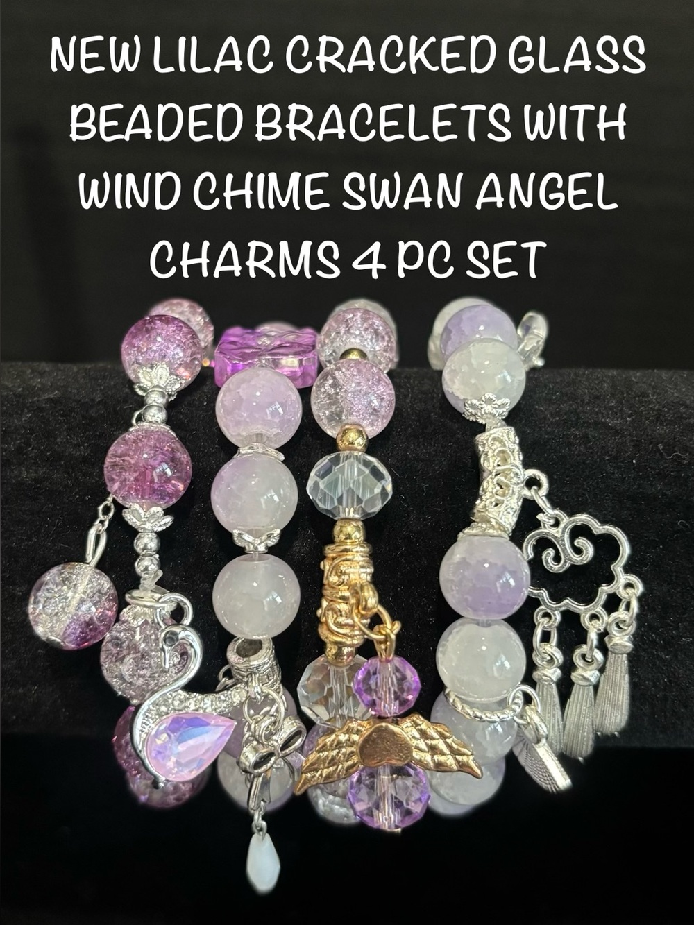 New Lilac Cracked Glass Beaded Bracelet Set with Swan & Angel Chime Charms 4pc